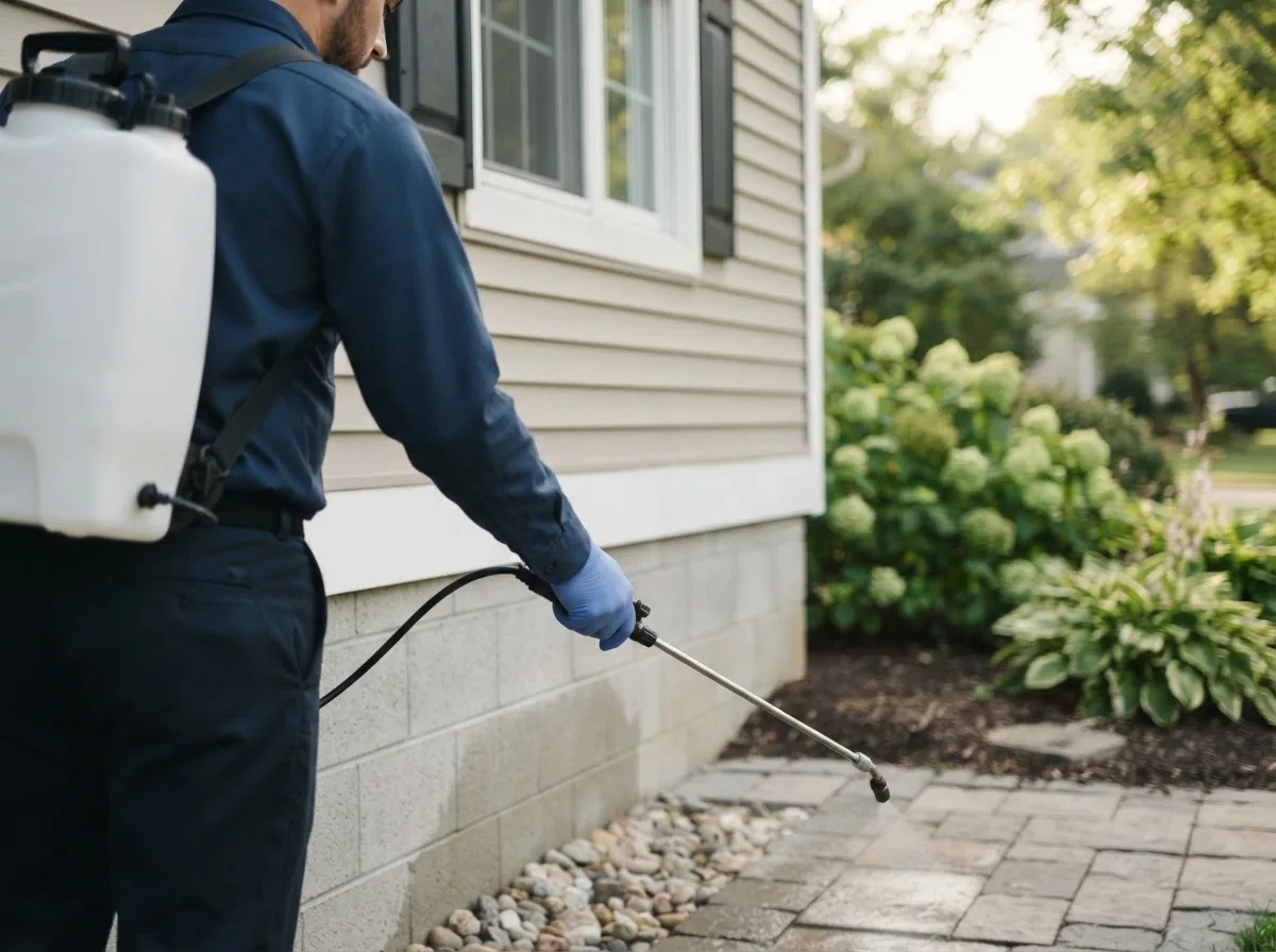 Pest control technician inspecting a home in Vicksburg, MI